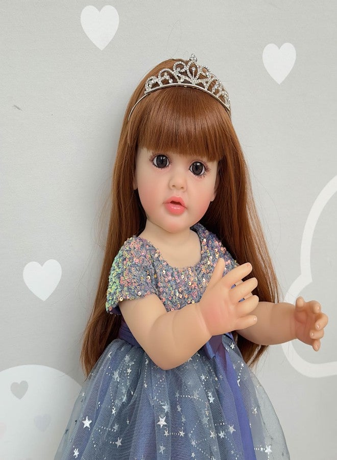 Wamdoll دمية طفل حديث الولادة واقعية من وامدول، بشعر بني طويل بطول 22 بوصة، مصنوعة من الفينيل، بتصميم واقعي لكامل الجسم، تشبه الأميرة الصغيرة، ومصممة تشريحياً بدقة. - Image 4
